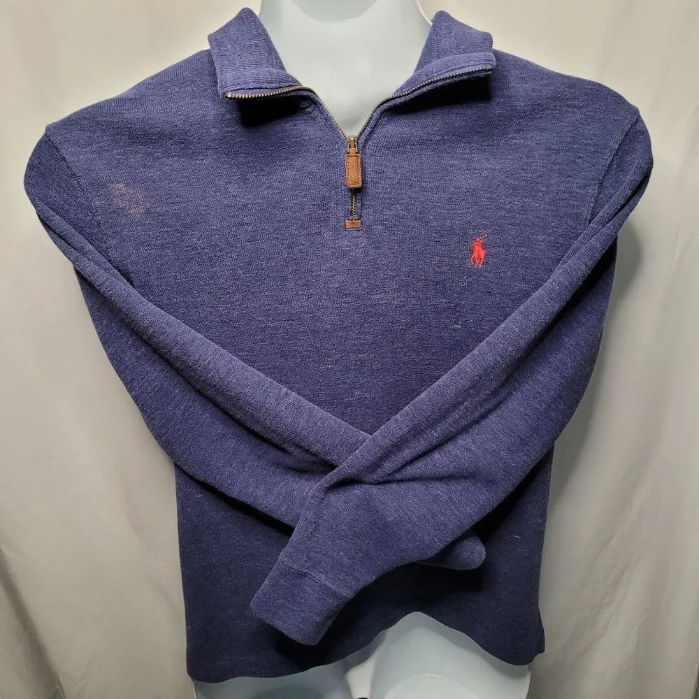 POLO Ralph Lauren Blue With Red Logo Long Sleeve V Neck Zip Up Sweater Pullover - Picture 3 of 11